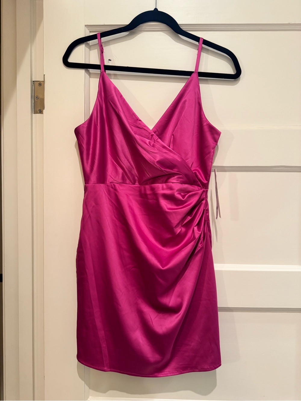 Aqua Hot Pink Satin Wrap Mini Dress